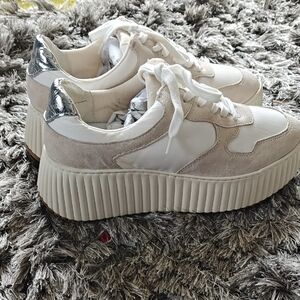 Dolce Vita White and Cream Platform Sneakers with Silver Accents